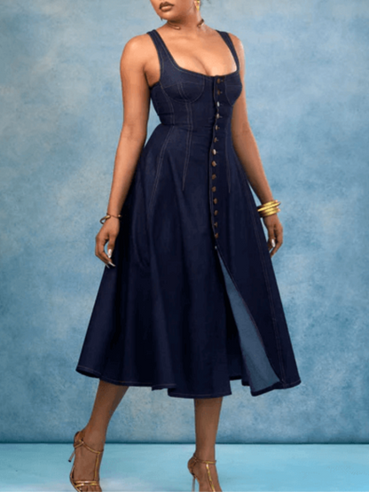 Square Neckline Fitted Waist Denim Suspender Midi Dress