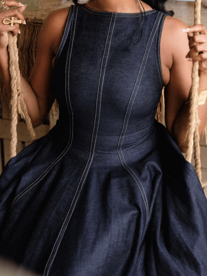 Elegant Sleeveless Fitted A-line Denim Midi Dress