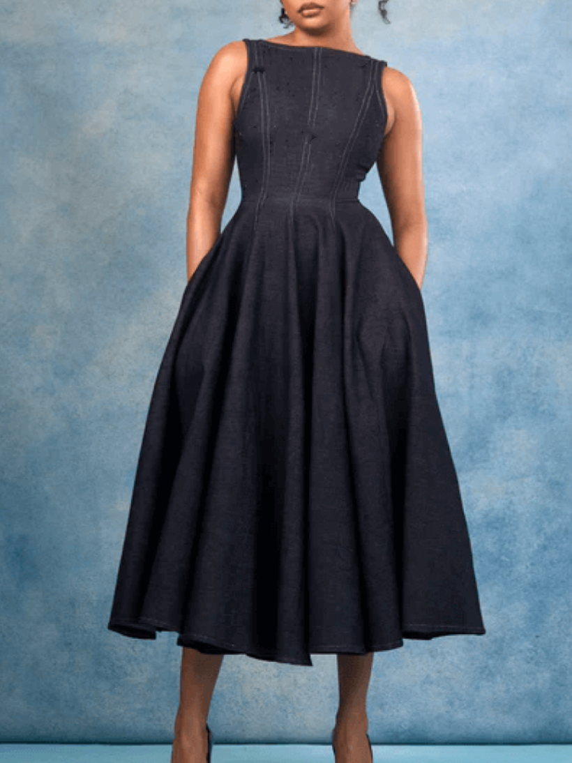 Elegant Sleeveless Fitted A-line Denim Midi Dress