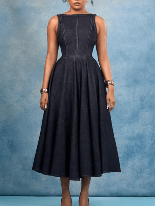Elegant Sleeveless Fitted A-line Denim Midi Dress
