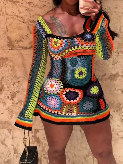 Bell Sleeve Square Neck Knitted Mini Dress