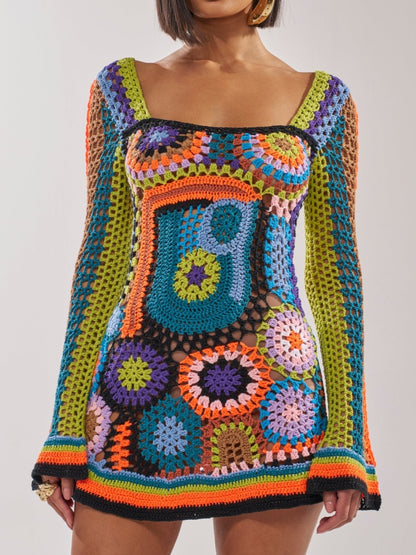 Bell Sleeve Square Neck Knitted Mini Dress