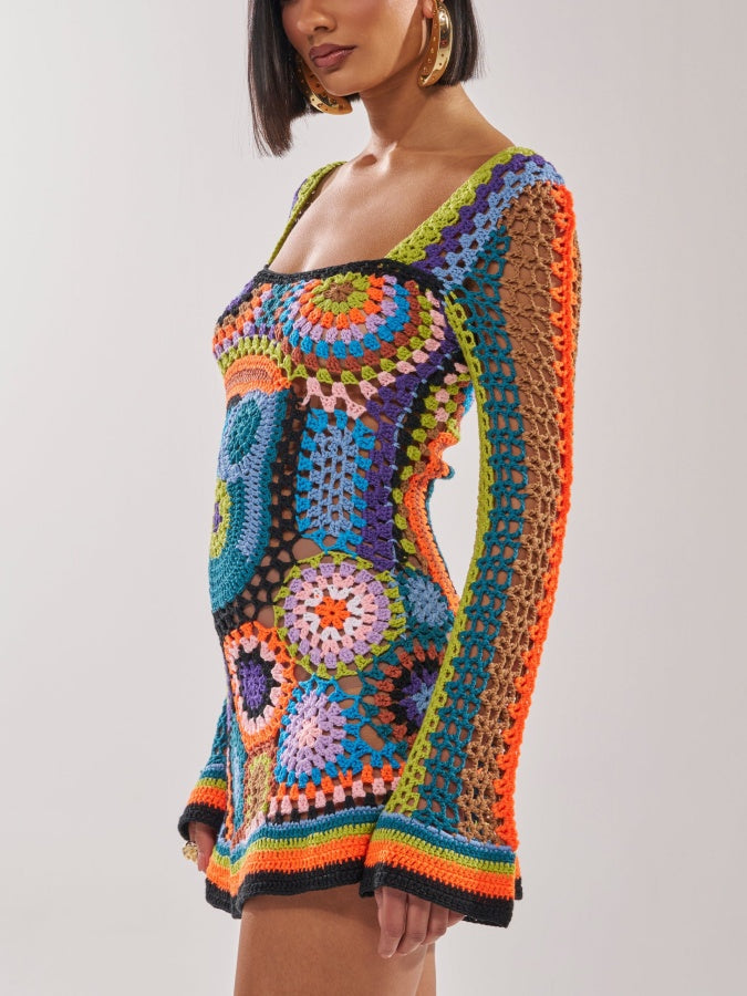 Bell Sleeve Square Neck Knitted Mini Dress