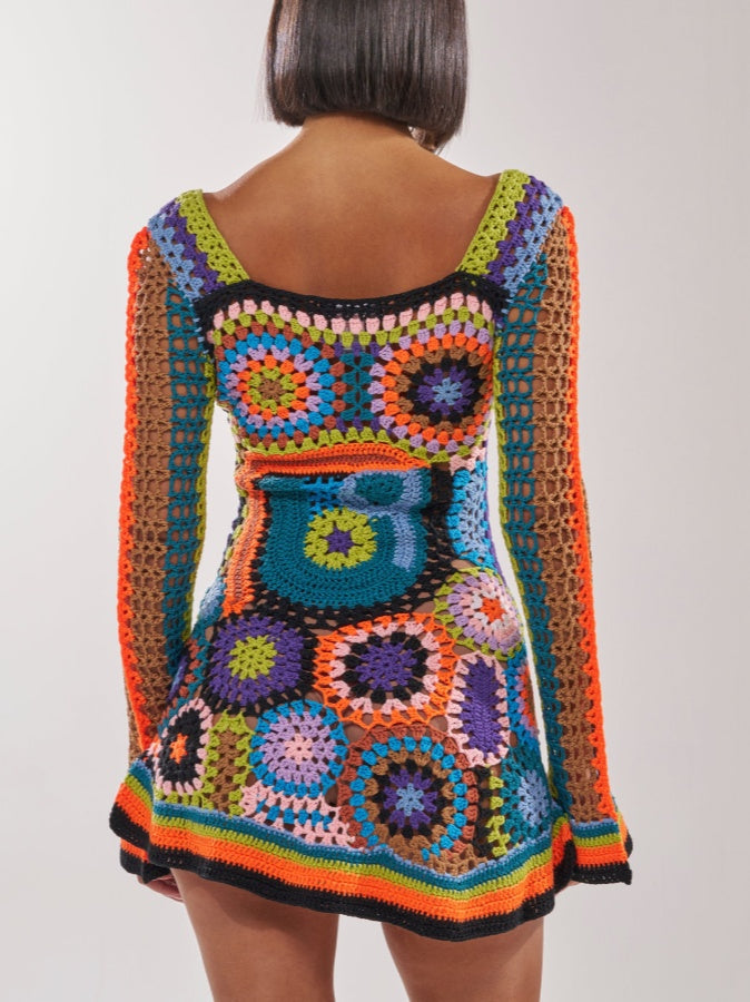 Bell Sleeve Square Neck Knitted Mini Dress