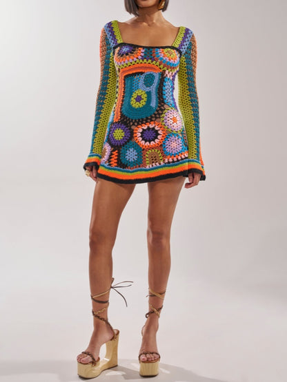 Bell Sleeve Square Neck Knitted Mini Dress