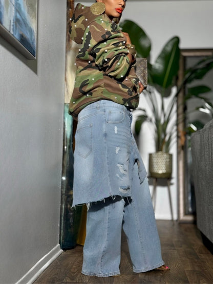 Pearl Embellished Camouflage Pullover