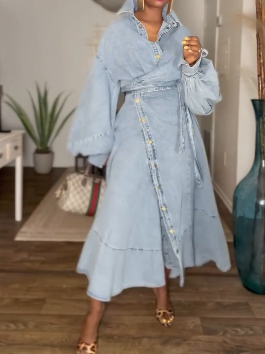 Dramatic Balloon Sleeves Denim Wrap Dress