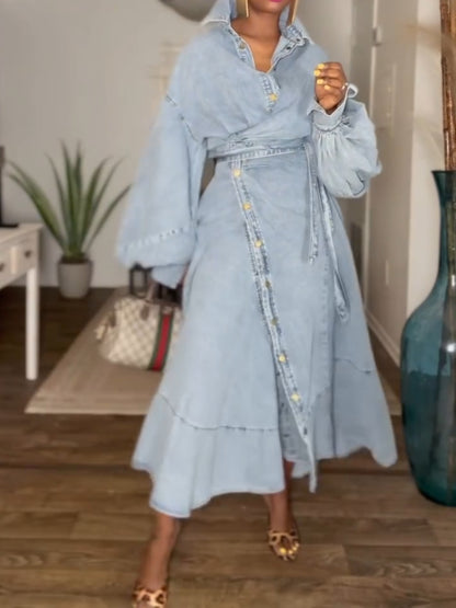 Dramatic Balloon Sleeves Denim Wrap Dress