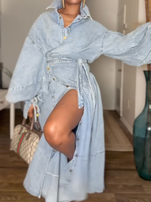 Dramatic Balloon Sleeves Denim Wrap Dress