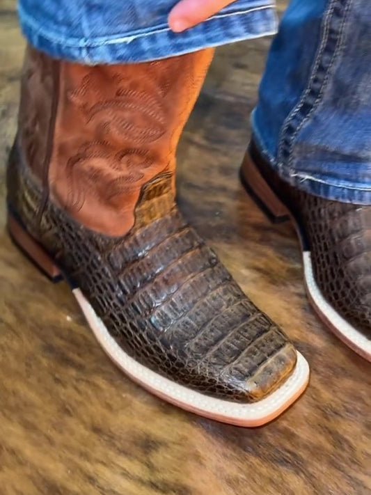 Men's Crocodile Textured Leather Boots-Square Toe