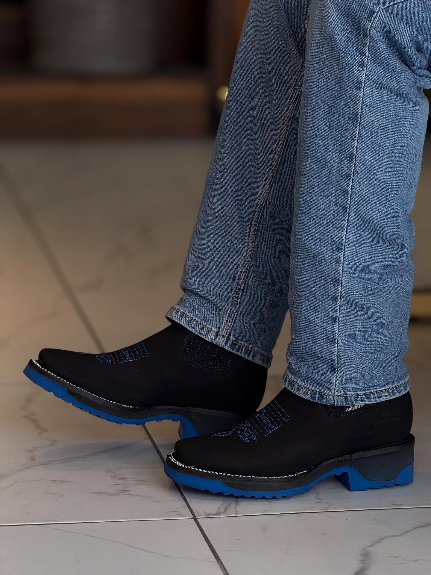 Black Suede Western Cowboy Ankle Boots - Square Toe