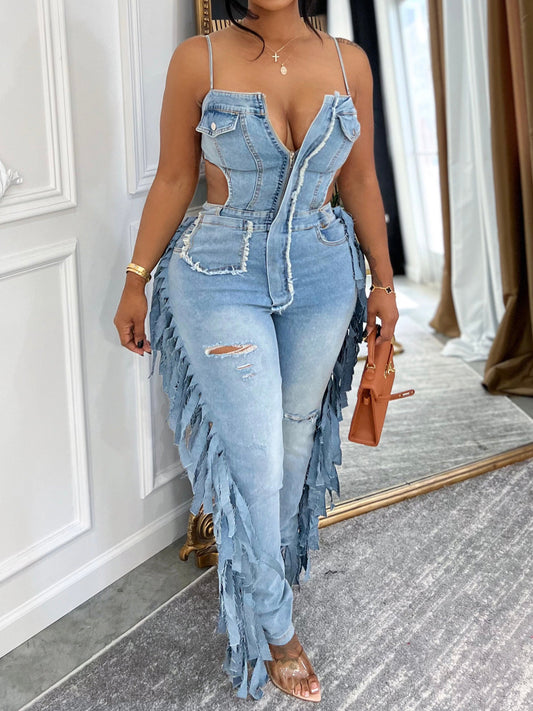 Fashion Cut-out Fringed Denim Jumpsuit