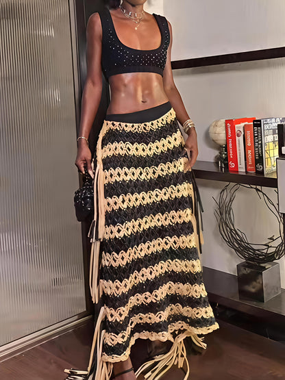 Knotted Fringe Striped Hand-made Mxi Skirt