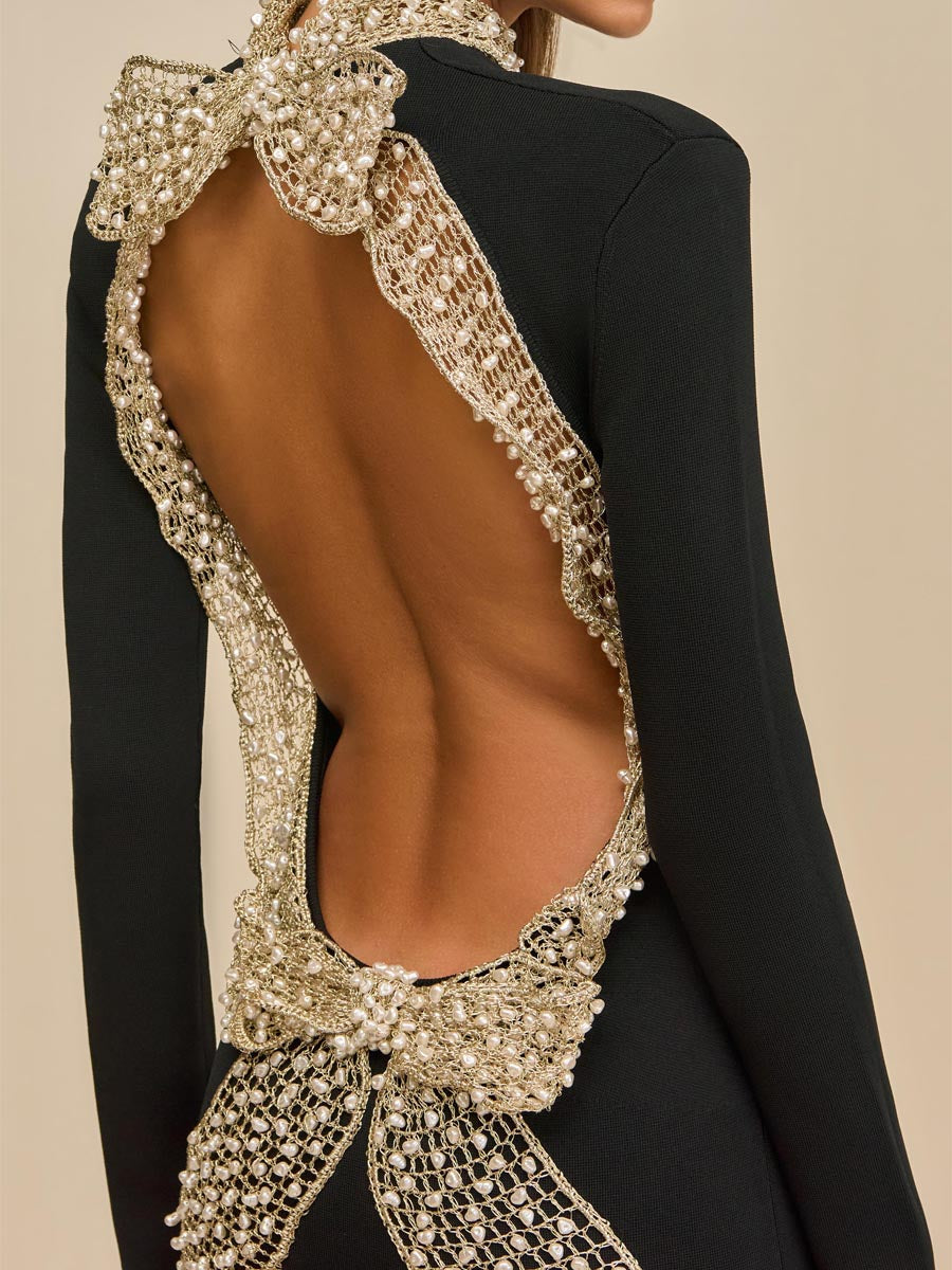 Pearl Adorned Neck Strap Open Back Midi Dress