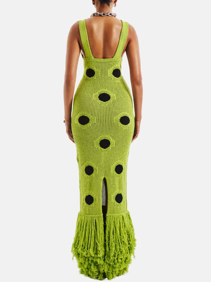 Fringed hem Deep V Neck Maxi Dress