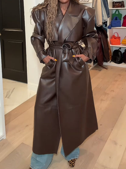 Wide Lape PU Belted Trench Coat