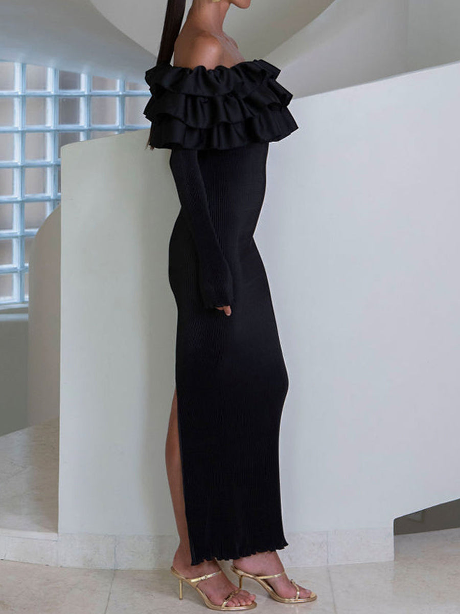 Ruffled Off Shoulder Long Sleeve Dress