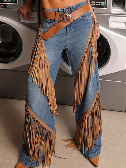 Suede Fringed Denim Trousers