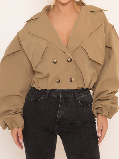 Cinched Waist Long Sleeve Cropped Trench Coat