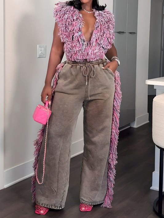 Deep V Neck Fringed Two Pieces Set