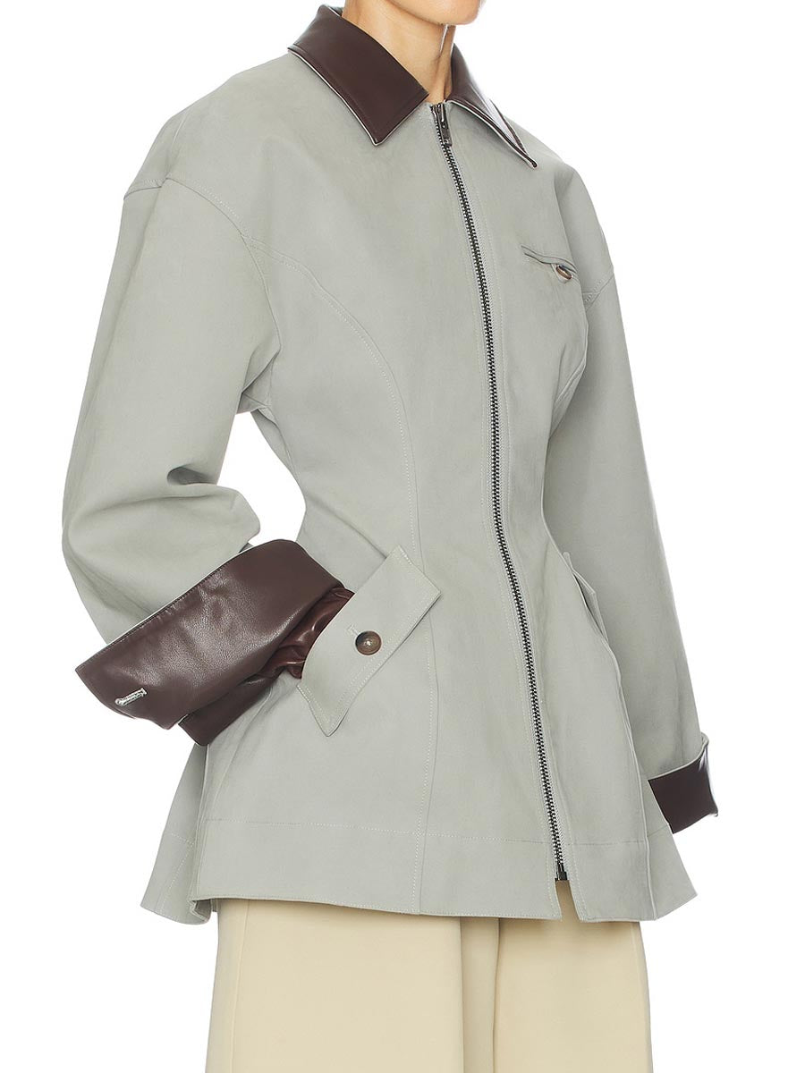 Faux Leather Collar Patchwork Zip Up Jacket