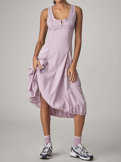 Scoop Neck Pockets Bubble-hem Midi Dress