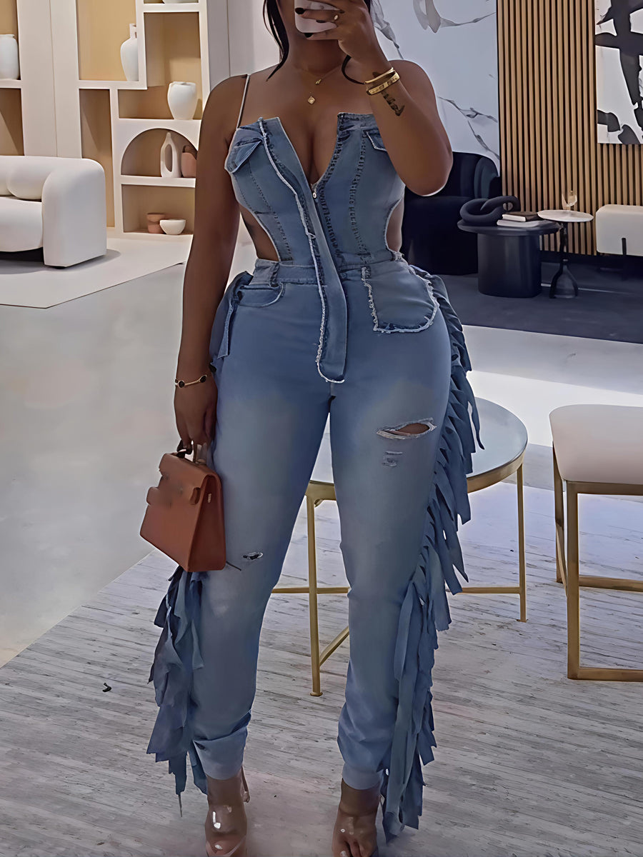 Fashion Cut-out Fringed Denim Jumpsuit