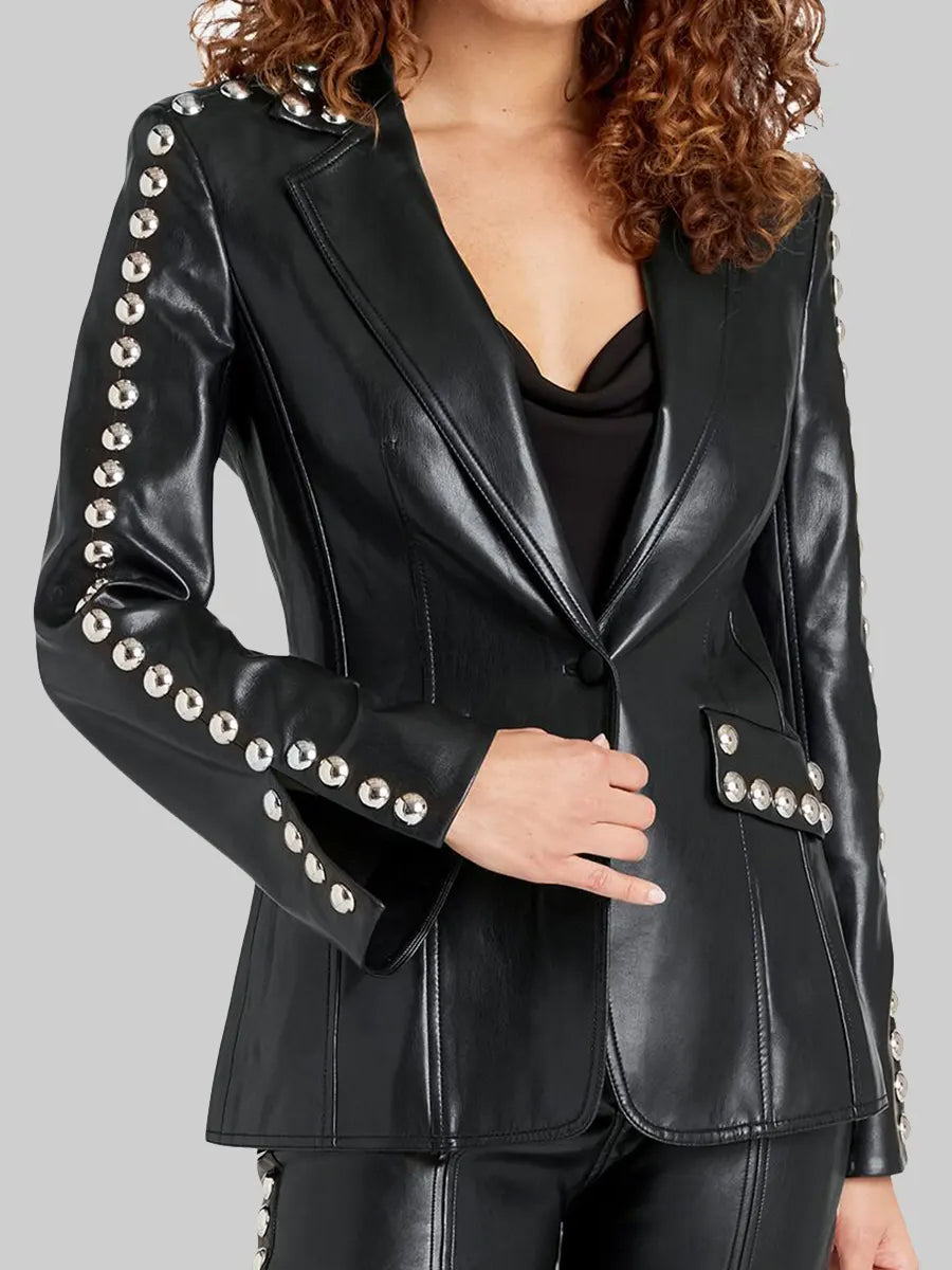 Lapel Style Collar Studded Faux Leather Blazer