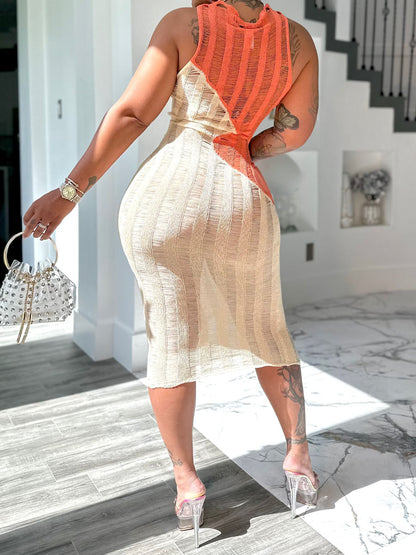 Sexy Sleeveless Knitted Color Block Dress