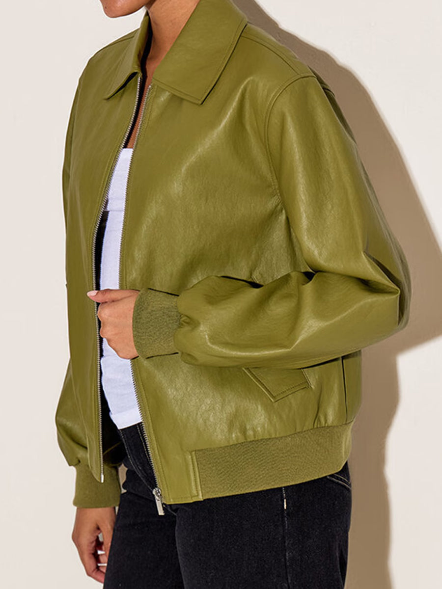 Faux Leather Ribbed Cuffs Bomber Jacket