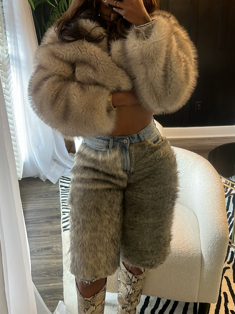 Faux Fur Patchwork Denim Pants