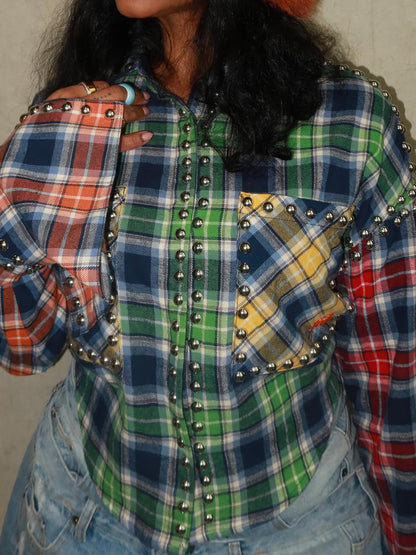 Studded Plaid Print Patchwork Shirt