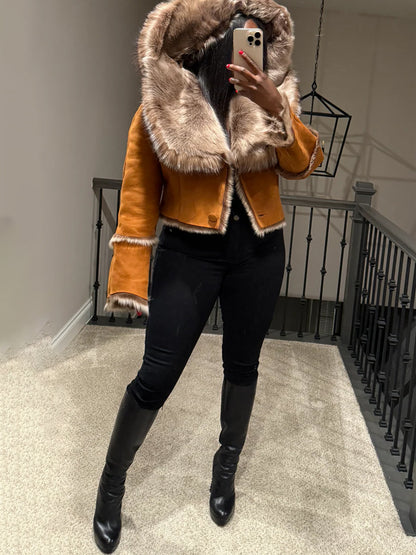 Faux Fox Fur Trimmed Hooded Collar Coat