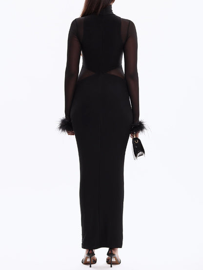 Hot Drilling See-through Feathered Cuffs Dress