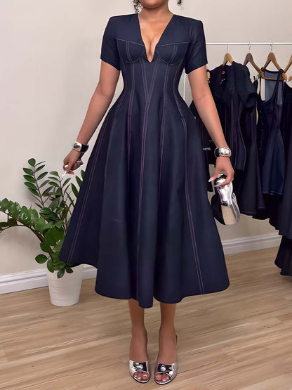 Lace Up V Neck Denim Midi Dress