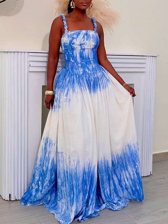 Square Neck Printed Sleeveless Halter Dress