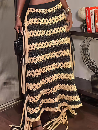 Knotted Fringe Striped Hand-made Mxi Skirt