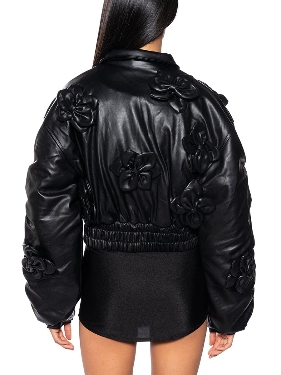 3D Floral Faux Leather Elastic Waistband Bomber