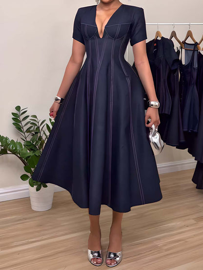 Lace Up V Neck Denim Midi Dress