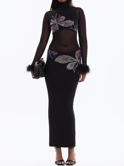 Hot Drilling See-through Feathered Cuffs Dress