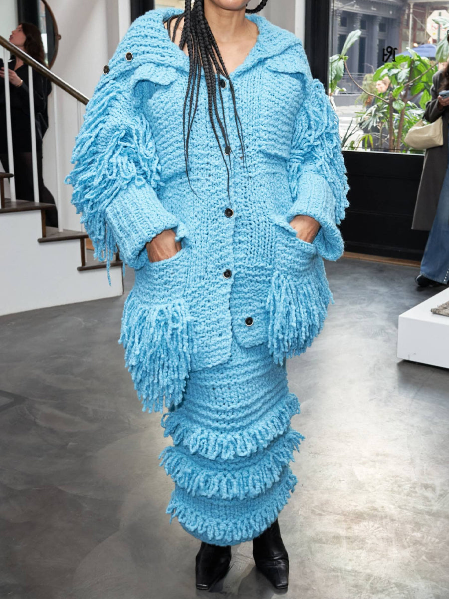 Fringed Knitted Long Sleeve Two Pieces Dress