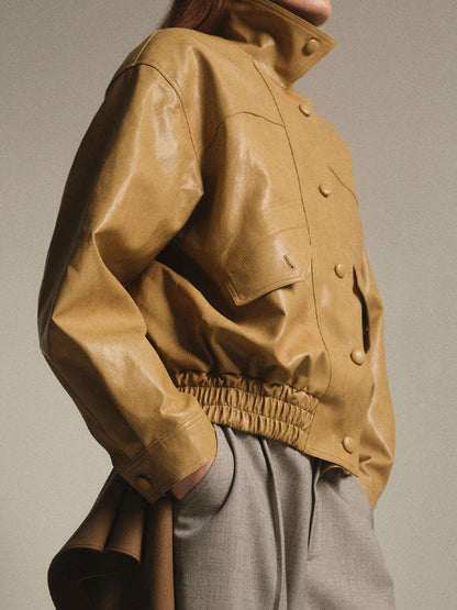 PU Dropped Shoulders Stand Collar Jacket