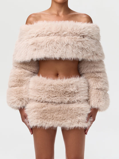 Faux Fur Off Shoulder Two Pieces Dress
