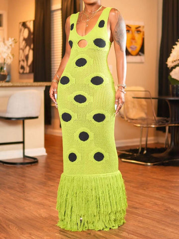 Fringed hem Deep V Neck Maxi Dress