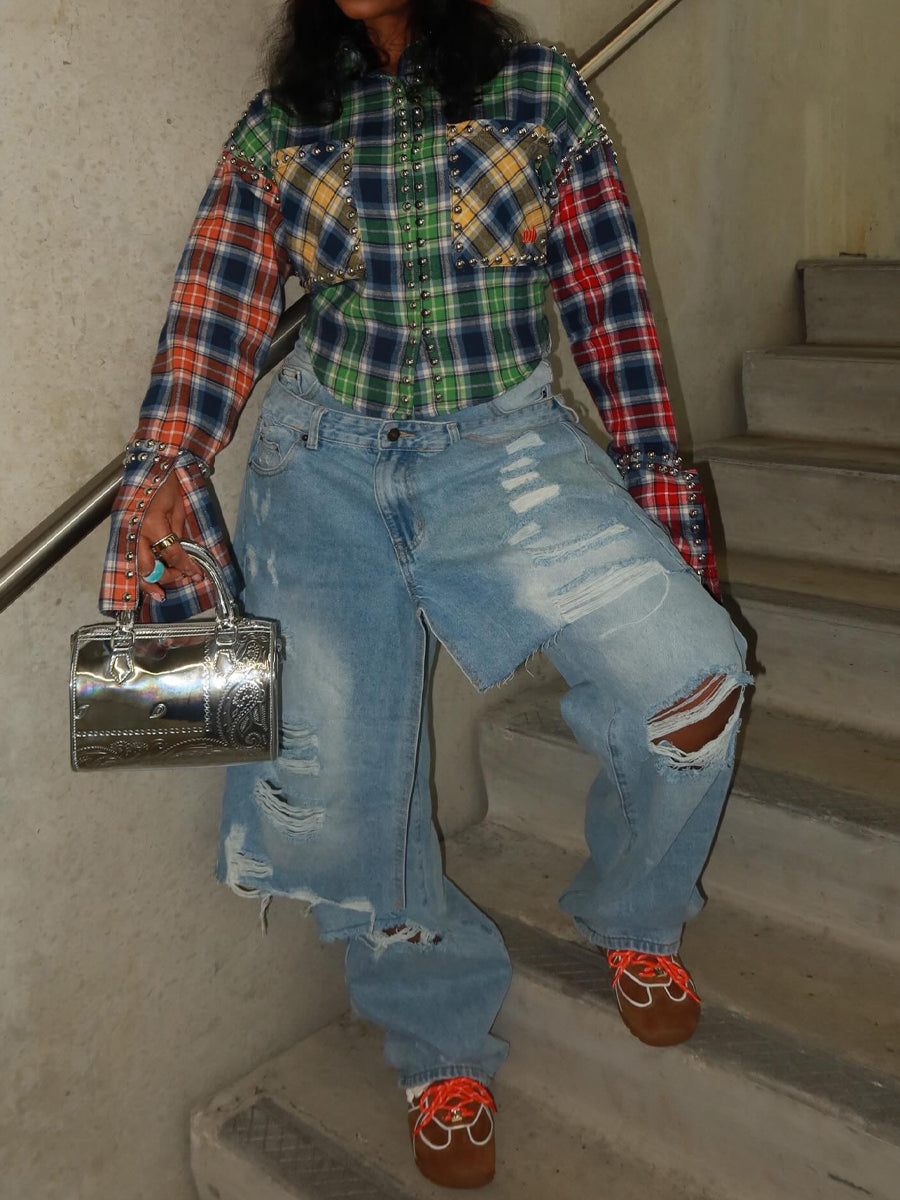 Studded Plaid Print Patchwork Shirt