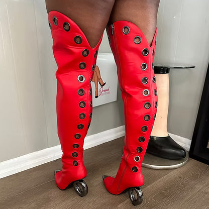 Pointed Toe Hollowed Out Thigh High Boots