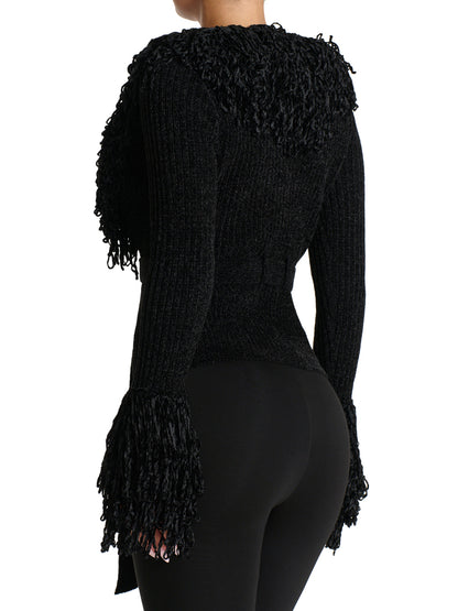 Fringe Tie Waist Deep V Neck Cardigan
