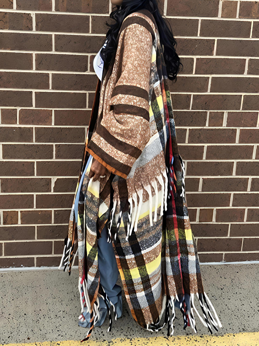 Multi-color Fringed Hem Poncho Coat