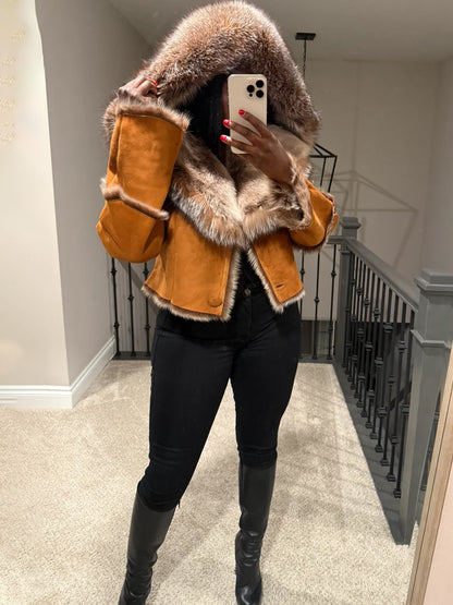 Faux Fox Fur Trimmed Hooded Collar Coat