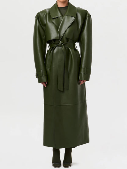 Wide Lape PU Belted Trench Coat
